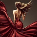 Stunning woman a beautiful red dress, fashion model waving flying fabric, lady in a glamorous outfit, generative AI