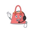 A stunning women handbag mascot character concept wearing headphone