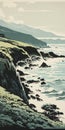 Coastal Landscape Poster: Teal And Black Lithographic Artwork