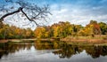 Stunningly Beautiful Serene Fall Landscape with Autumn Colors in the trees being reflected in a pond near the Chesapeake Bay Royalty Free Stock Photo