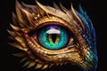 Stunningly Exotic turquoise Dragon Eye with golden scales, Symmetrical Design on Black Background, AI Generative