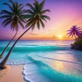 A stunningly realistic beach scene in Ultra with crystal clear turquoise golden and lush palm trees swaying in a gentle