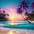 A stunningly realistic beach scene in Ultra with crystal clear turquoise golden and lush palm trees swaying in a gentle