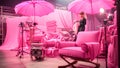 A stunningly vibrant room filled with pink chairs and umbrellas, creating a relaxing and enjoyable atmosphere, Pink film set, Film