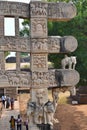 Stupa No 1, East Gateway. Rear view closeup of right side. Square blocks showing riders on Antelopes, camels and mythical lions.