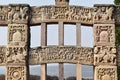 Stupa No 1, West Gateway. Rear Top Architrave showing transport of Buddha`s relics after his death. Middle Architrave shows the si