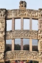 Stupa No 1, West Gateway. Rear view of Architraves Top : Transport of relics of Buddha. Middle : Siege of Kushinagar and Bottom: D