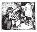 `Stupid goose!` cried the Witch. `The opening is big enough, you can see that i could get into it myself.`, vintage engraving