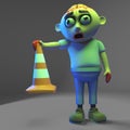 Stupid undead zombie monste has found a traffic cone, 3d illustration