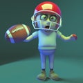 Stupid undead zombie monster plays American football, 3d illustration
