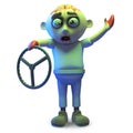 Stupid zombie monster has only got a steering wheel, 3d illustration