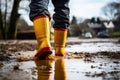 Sturdy Boots rubber in flooded house. Generate Ai