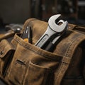 A sturdy brown leather tool bag is filled with various tools, prominently featuring a Royalty Free Stock Photo