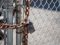 Sturdy chain wraps a chain link fence, closed with a padlock