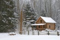 A sturdy log cabin surrounded by snow-covered trees stands in the heart of a winter forest, A rustic log cabin nestled in a snowy Royalty Free Stock Photo