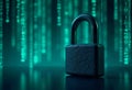 Digital Security Padlock Standing Amidst Glowing Green Binary Code. Generative AI Royalty Free Stock Photo