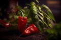 A vibrant bunch of fiery red hot chili peppers is thriving from the rich soil beneath them, displaying their fiery hue and intense