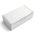 A sturdy, rectangular cardboard box with a tuck end closure sits on a white surface Royalty Free Stock Photo