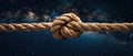 Sturdy rope with knot against a backdrop of starry night sky. Concept of teamwork, unity, cooperation, partnership, and support. Royalty Free Stock Photo