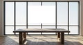 Empty wooden table in a bright room with large windows and wooden floor furniture Royalty Free Stock Photo