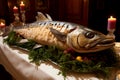 Sturgeon fish on festive banquet table. Generate ai