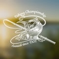 Sturgeon fish with fishing rod in engrving style. Logo for fishing, championship and sport club on blurred landscape photo