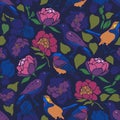 Sturnus vulgaris Erithacus rubecula Phoenicurus phoenicurus Paeonia Tulipa Iris. Seamless pattern with birds and flowers.