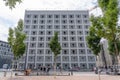 Stuttgart, Germany - Aug 1, 2020 - Plaza in front of Public LIbrary building with few people with mask in the morning