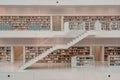 Stuttgart, Germany - Aug 1, 2020 - Stairs of empty Stadtbibliothek library with sun light during covid-19 pandemic