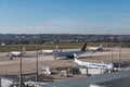 The apron of Stuttgart Airport, the airport is almost empty, Delta airlines departing for Atlanta, Finnair is preparing the flight Royalty Free Stock Photo