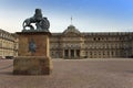 STUTTGART,GERMANY- MAY 31, 2012: Lion sculpture with crest in front of the main entrance of the New Castle Neues Schloss in Ger