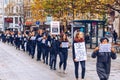 Stuttgart, Germany - October 19, 2019: Demonstration against human trafficking. Not for sale. Human is not a product Royalty Free Stock Photo