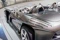 STUTTGART, GERMANY - OCTOBER 16, 2018: Mercedes Museum. Rear side of the silver shiny perfectly polished car