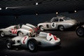 STUTTGART, GERMANY - OCTOBER 16, 2018: Mercedes Museum. Sport cars parked on the black surface. Silver colored vehicles