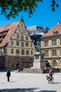 Stuttgart historic building city centre in spring time with beautiful garden with flower and green grass and blue sky