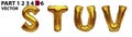 STUV gold foil letter balloons on white background. Golden alphabet balloon logotype, icon. Metallic Gold STUV Balloons. Text for