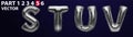 STUV silver foil letter balloons on dark background. Silver alphabet balloon logotype, icon. Metallic Silver STUV Balloons. Text