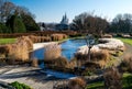 Panorama garden in Laeken, overviewing frozen ponds and reeds, Brussels Royalty Free Stock Photo