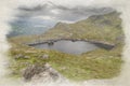 Stwlan Dam and the Moelwyn mountains digital watercolor painting Royalty Free Stock Photo