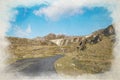 Stwlan Dam and the Moelwyn mountains digital watercolor painting Royalty Free Stock Photo