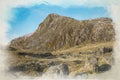 Stwlan Dam and the Moelwyn mountains digital watercolor painting Royalty Free Stock Photo