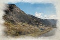 Stwlan Dam and the Moelwyn mountains digital watercolor painting Royalty Free Stock Photo