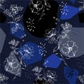 Styilsh monotone blue and white Mimimal hand sketch flowers and botanical with modern silhouette radom shape seamless pattern in