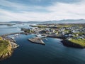 Stykkisholmskirkja Harbor with Fishing ships at Stykkisholmur town, typical Icelandic fishing harbour