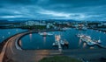 StykkishÃÂ³lmur in night, evening, beautiful town in Iceland, harbor, port in night with lights and fishing ships Royalty Free Stock Photo