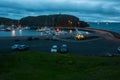 StykkishÃÂ³lmur in night, evening, beautiful town in Iceland, harbor, port in night with lights and fishing ships Royalty Free Stock Photo