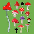 Style of amanita mushrooms dangerous set vector poisonous season toxic fungus food illustration. Royalty Free Stock Photo