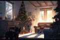 An animated christmas scene with people and a tree, Generative AI