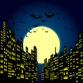 Style Cartoon Night City Skyline Background.