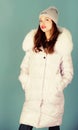 Style code with elegance. For those wishing stay modern. Winter clothes. Woman wear down jacket. Warm and cozy. Girl